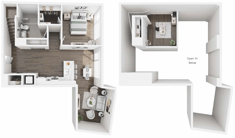 A white floor plan of a house with a kitchen, living room, and bathroom.